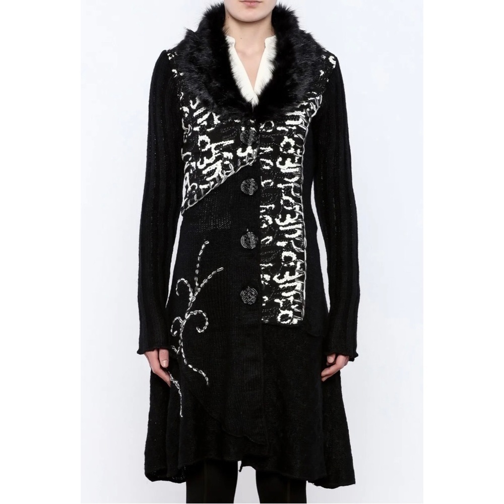 KEREN hart Black and White Faux Fur-Trim Knit Cardigan Coat